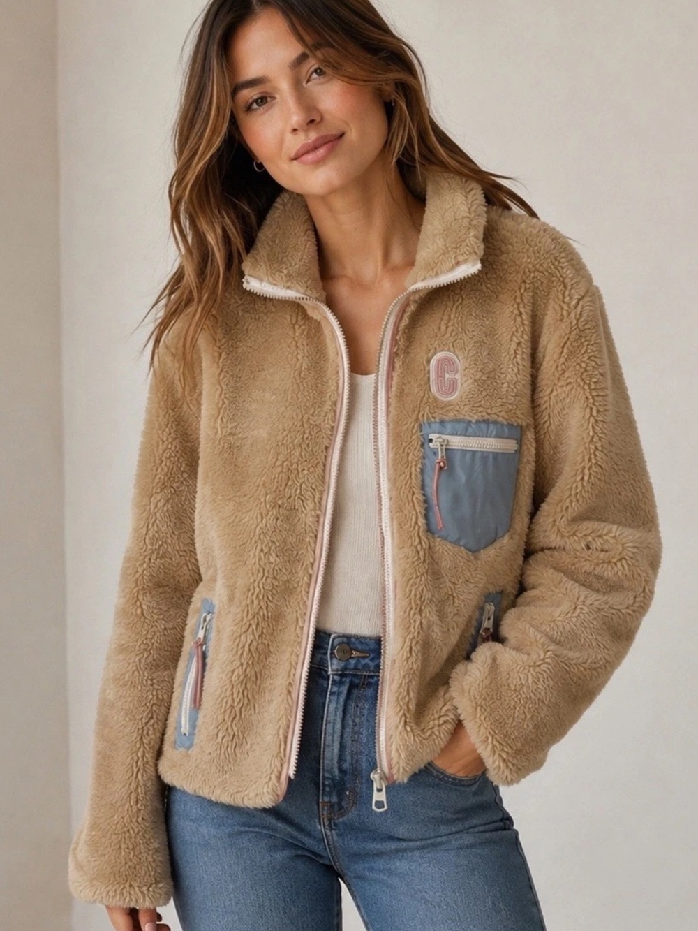 Coach 4584 Sherpa Fleece Zip Jacket, Colorblock Trim Retro Oval C Logo Gorpcore